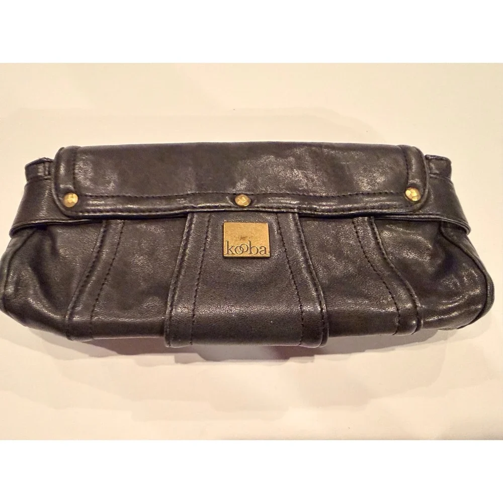 Kooba Black Leather Clutch Handbag Gold Hardware Evening Bag